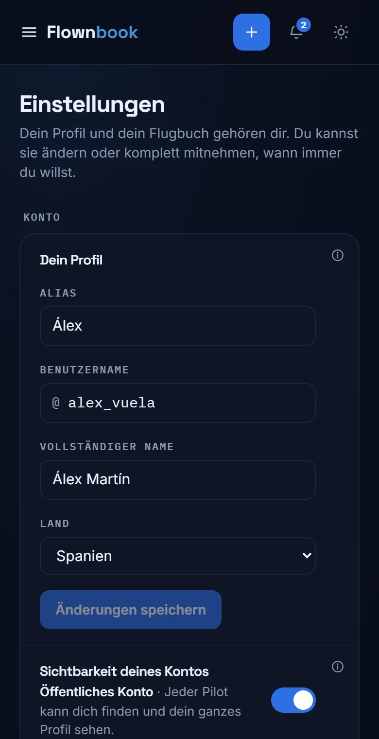 Einstellungen mit Feldern für Name, Alias, Biografie und Daten des Pilotenprofils.