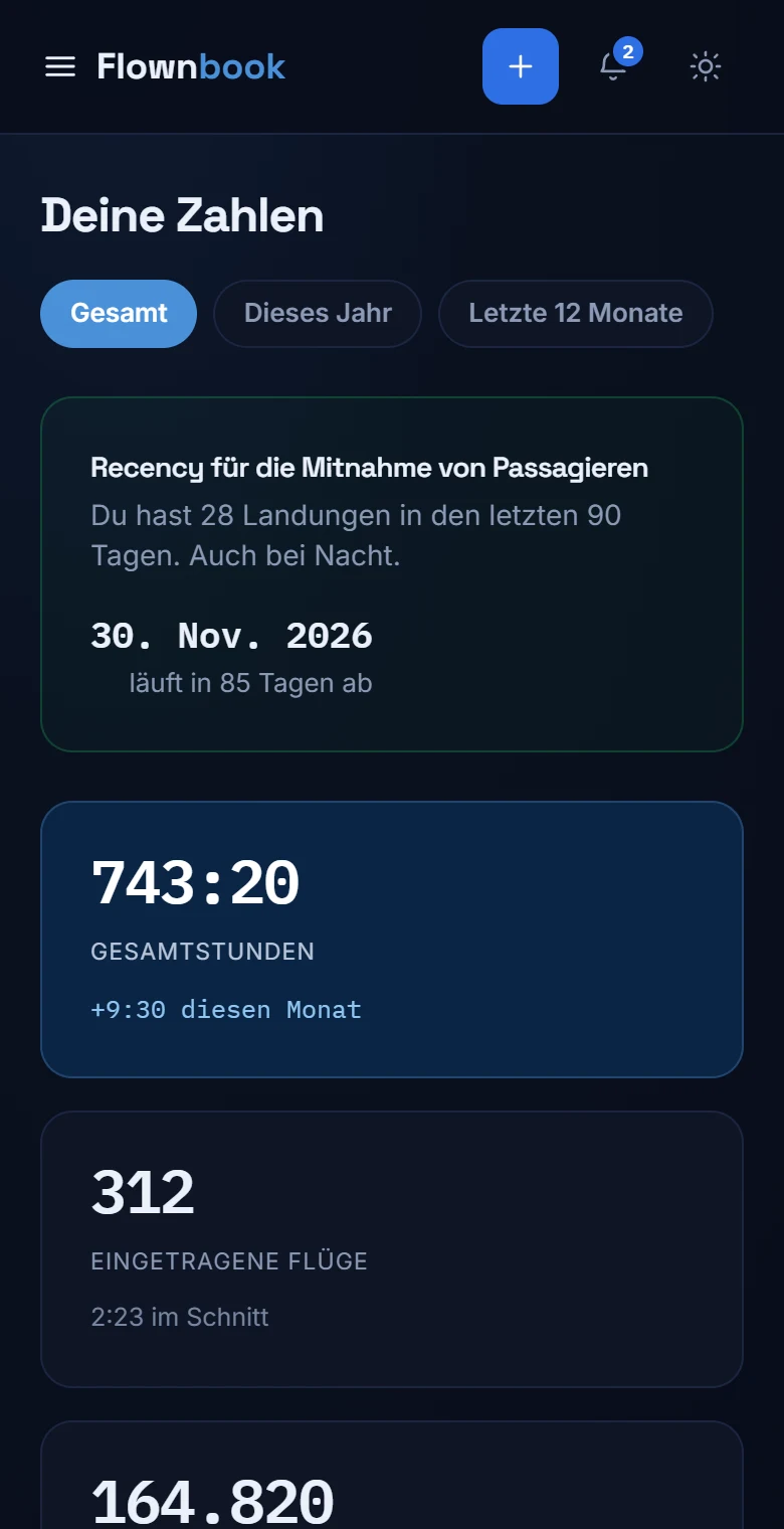 Statistiken mit Zeitraumauswahl, Recency und Flugstunden.