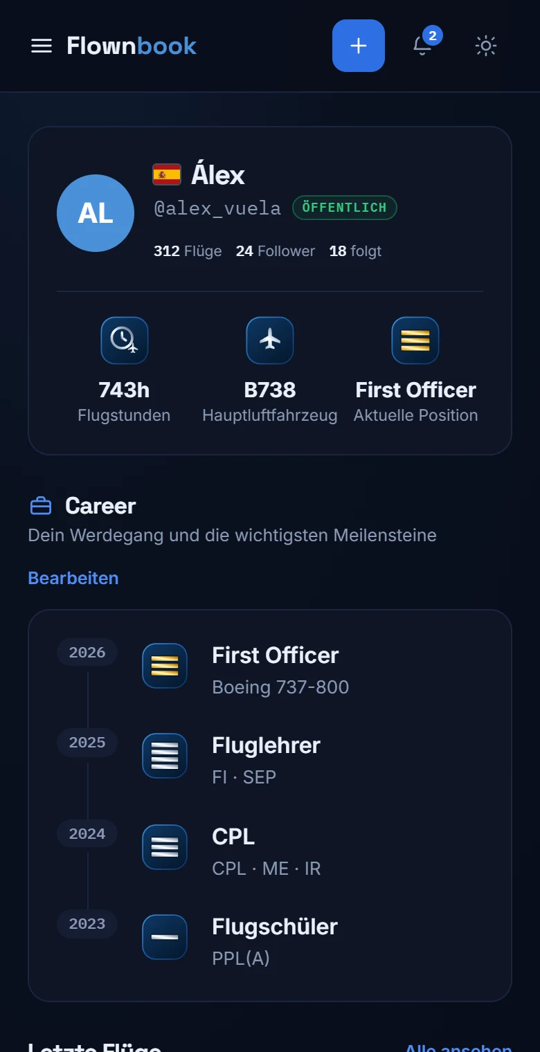 Mobiles Profil mit Flugstunden, Hauptluftfahrzeug, aktueller Position und Career-Zeitleiste.