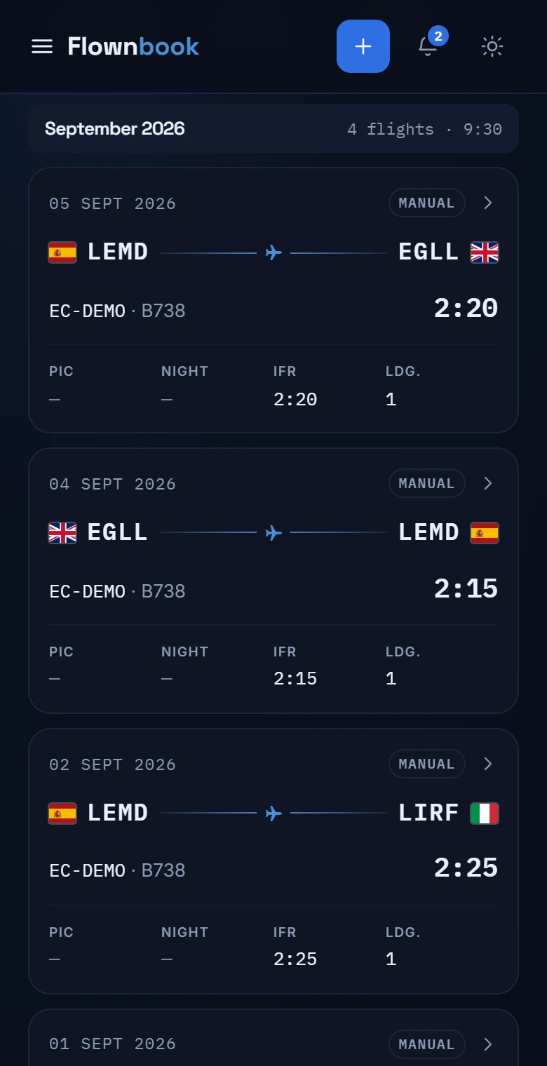 Flight cards with routes, aircraft and times, grouped by month.