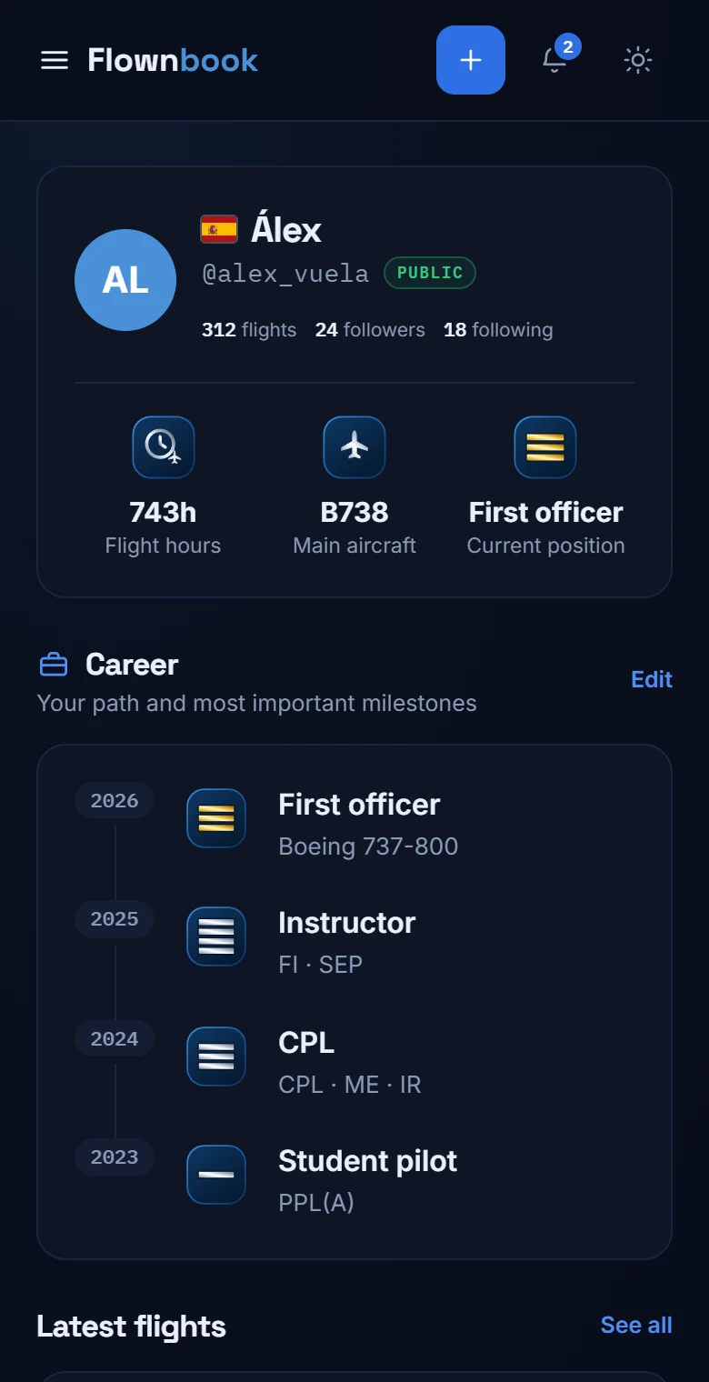 Mobile profile with flight hours, main aircraft, current position and Career timeline.