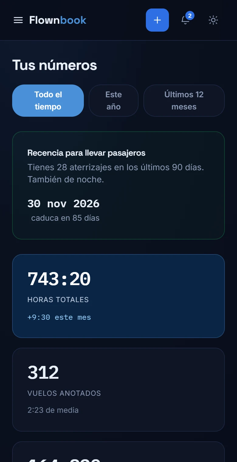 Estadísticas con selector de periodo, recencia y horas de vuelo.