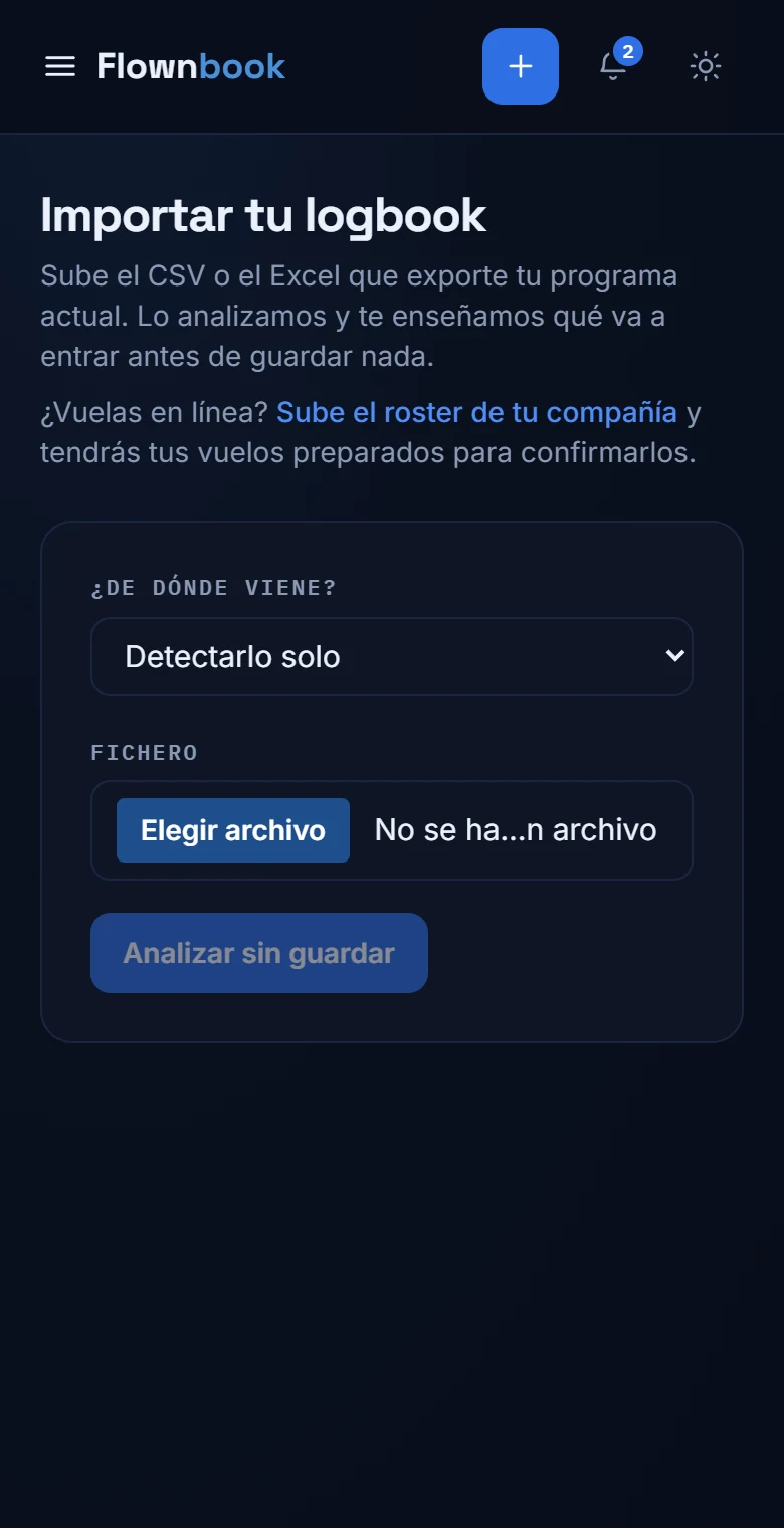 Importación con selector de archivo CSV o Excel y opciones del orden de fechas.