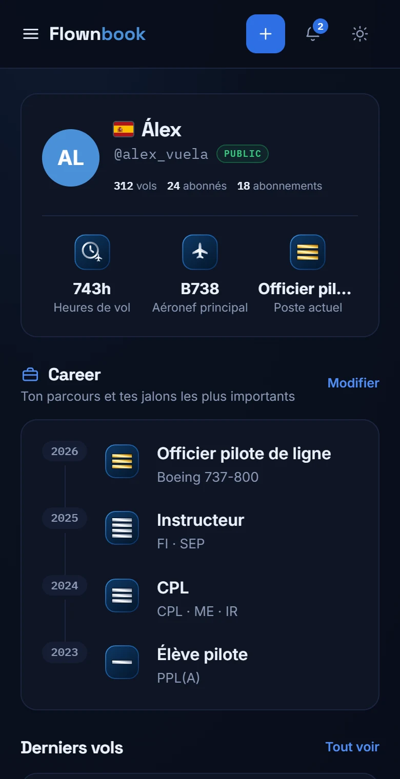 Profil mobile avec heures de vol, aéronef principal, poste actuel et chronologie Career.