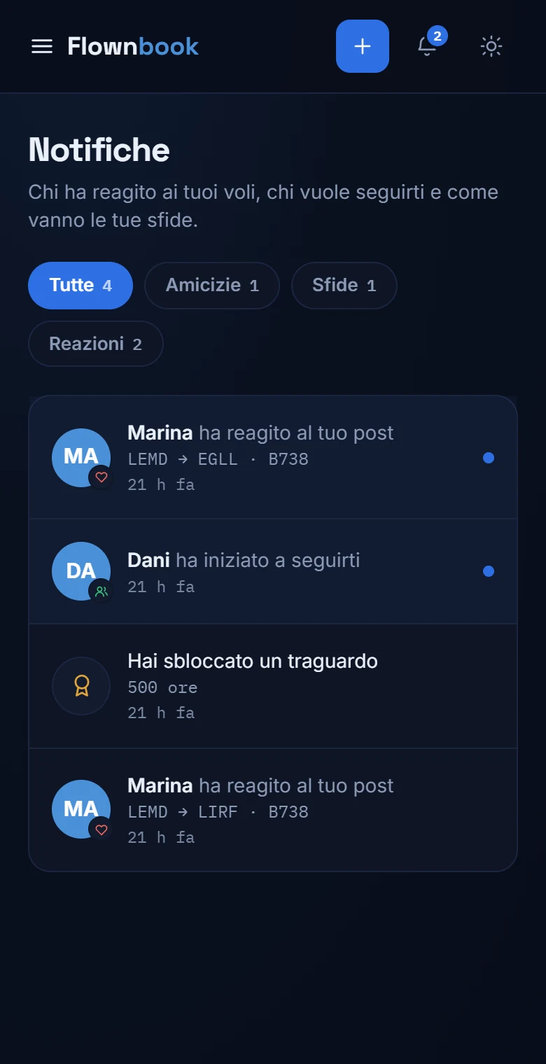 Casella reale delle notifiche con reazioni, nuovi follower e traguardi.