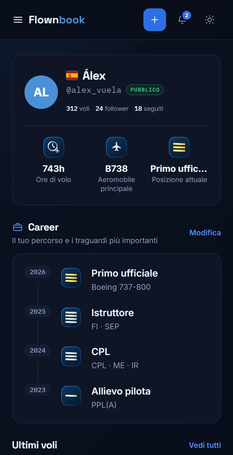 Profilo mobile con ore di volo, aeromobile principale, posizione attuale e cronologia della Career.